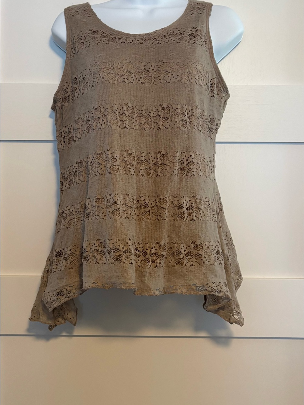 Crochet-Striped Sleeveless Tank Top - Taupe